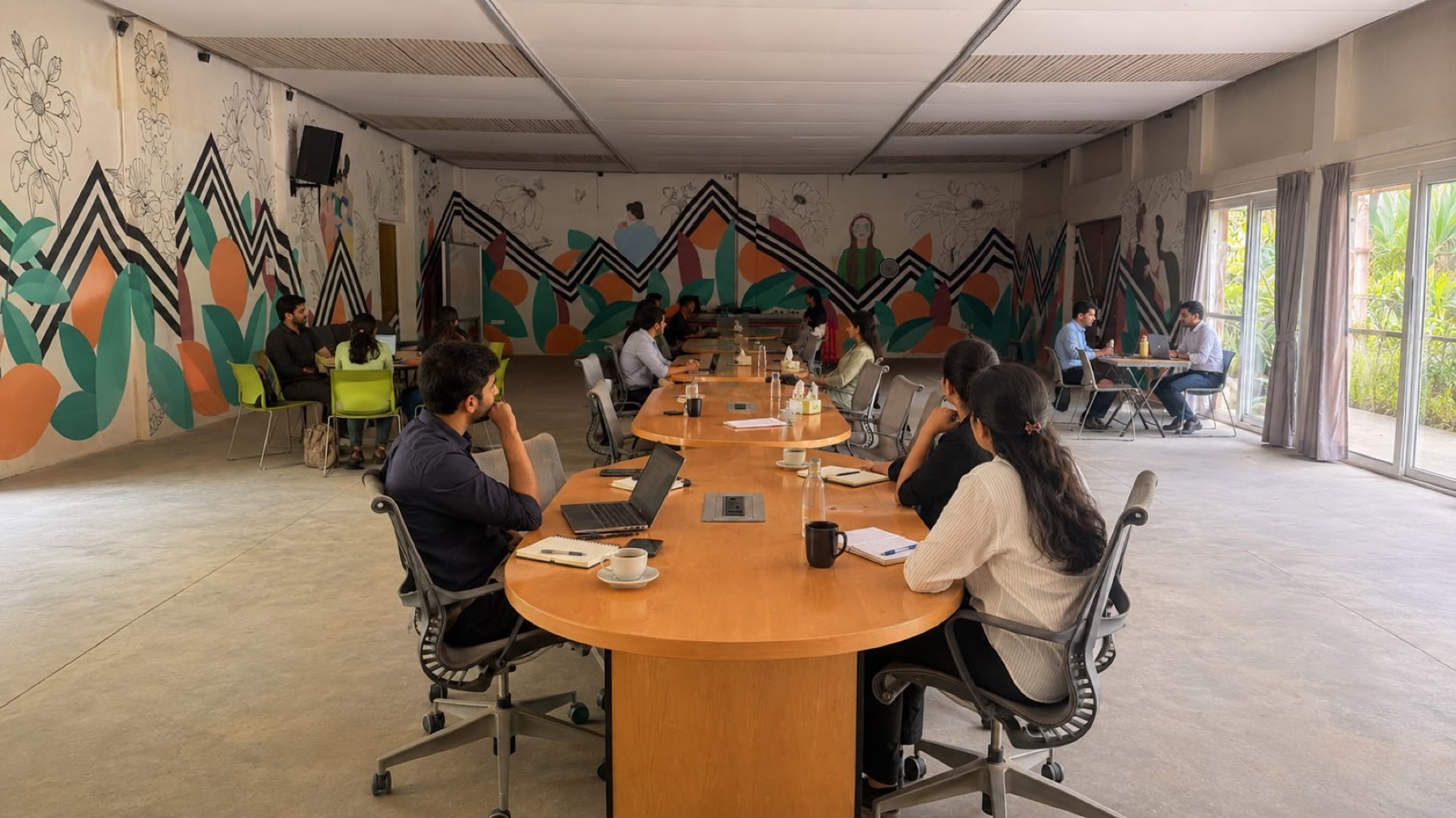 A leadership team in an intimate working session around a long wooden table at Orchid Tree, forest light through the windows