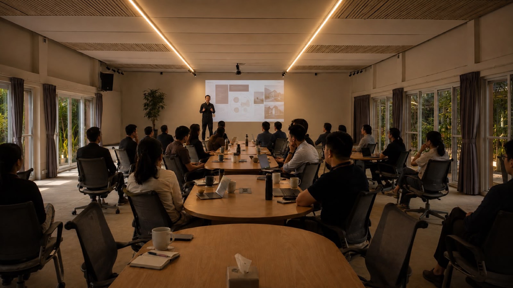 A presenter addressing a seated team in the softly lit hall at Orchid Tree