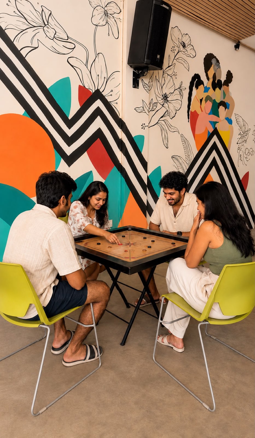Colleagues playing carrom beside a bright mural at Orchid Tree during downtime