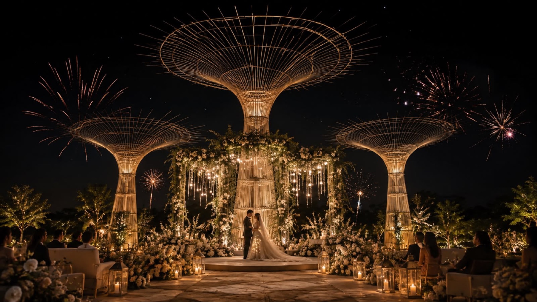 An evening wedding ceremony at Orchid Tree, a couple at a flower-draped mandap beneath illuminated garden structures