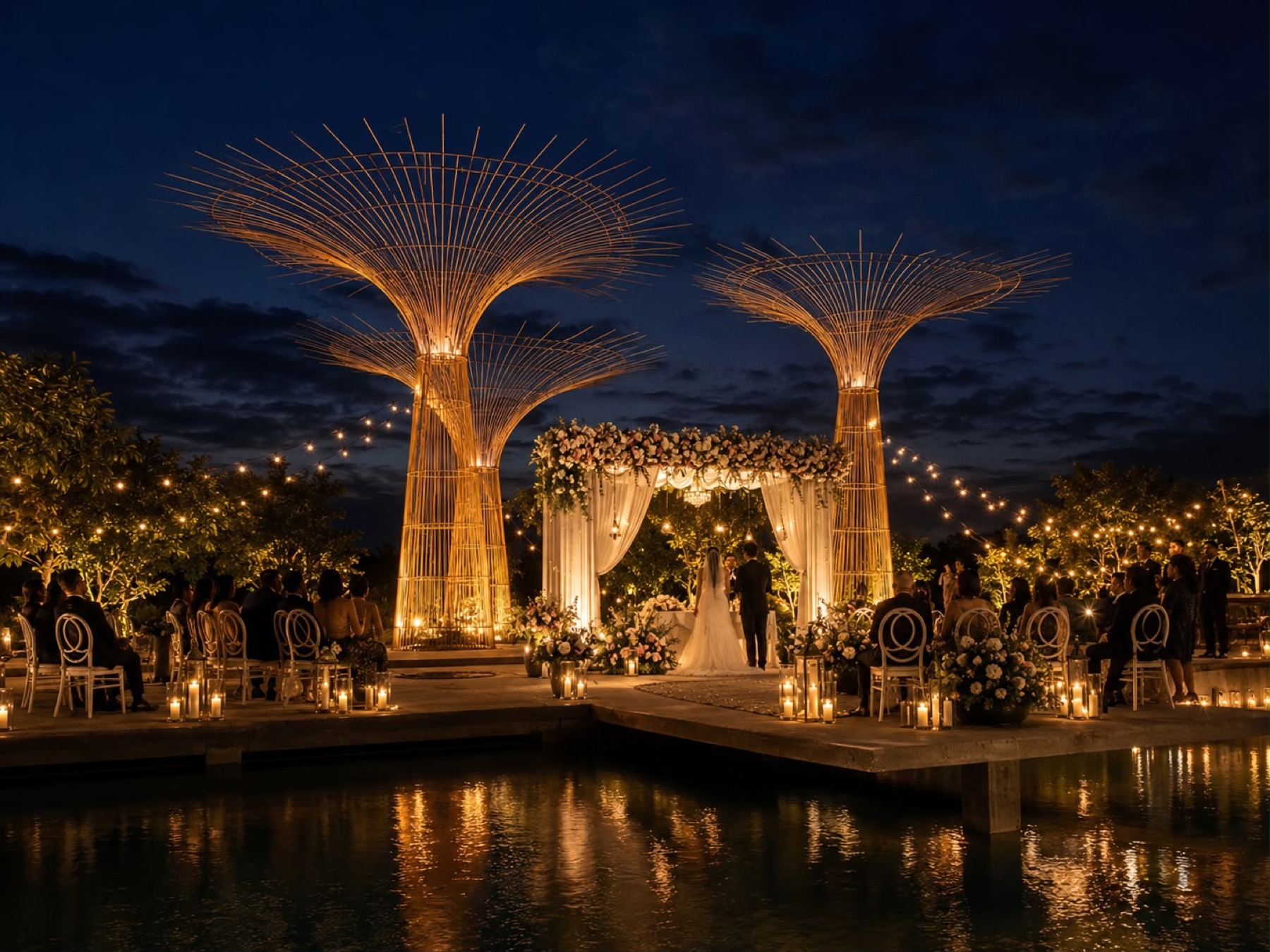 An intimate evening wedding ceremony at Orchid Tree, a candlelit mandap framed by illuminated garden structures and mirrored in the pool