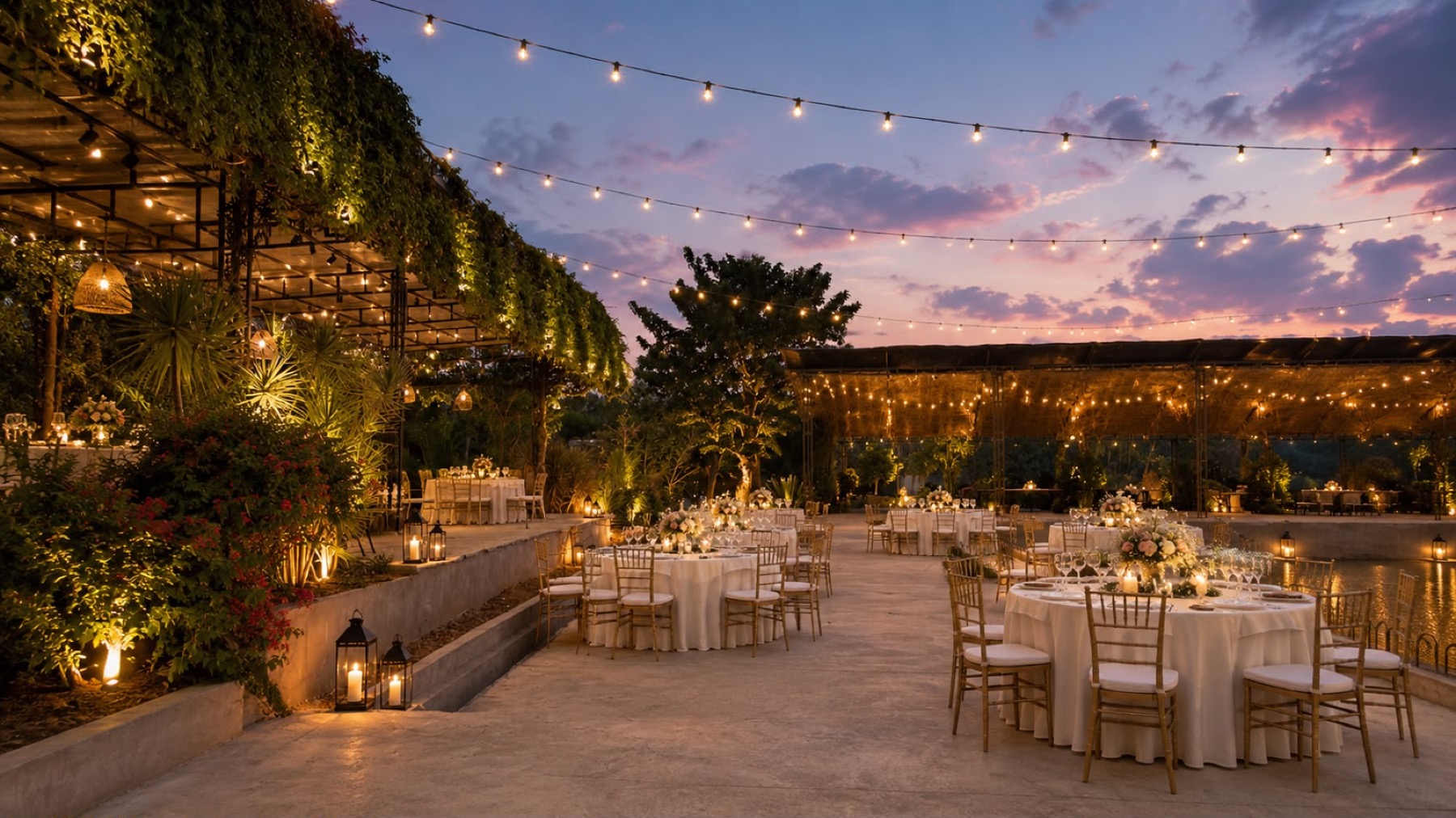An outdoor wedding dinner at Orchid Tree at twilight, round tables under strings of warm light