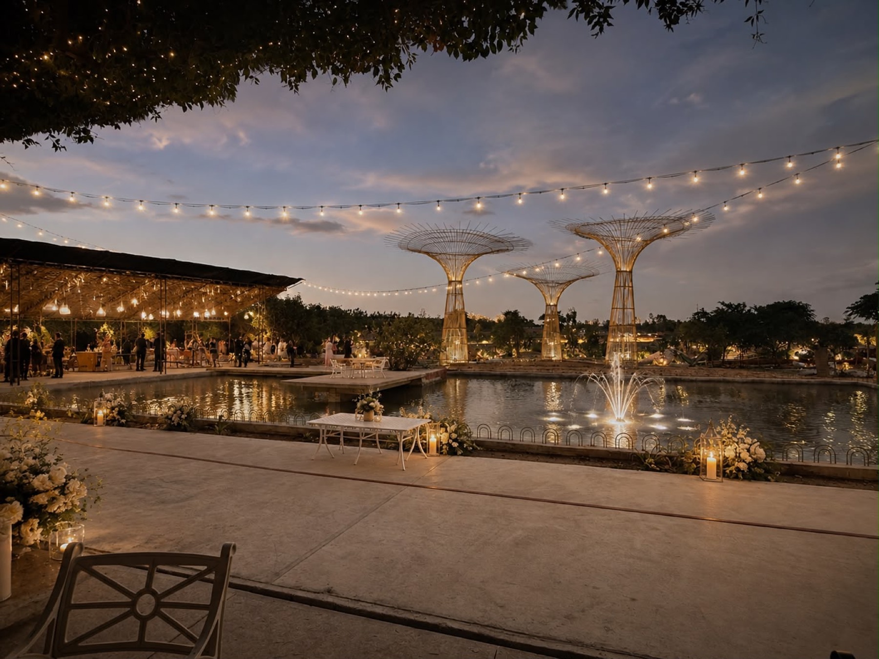 The same Orchid Tree pool and gardens at dusk, lit with strings of warm light and a fountain for a wedding